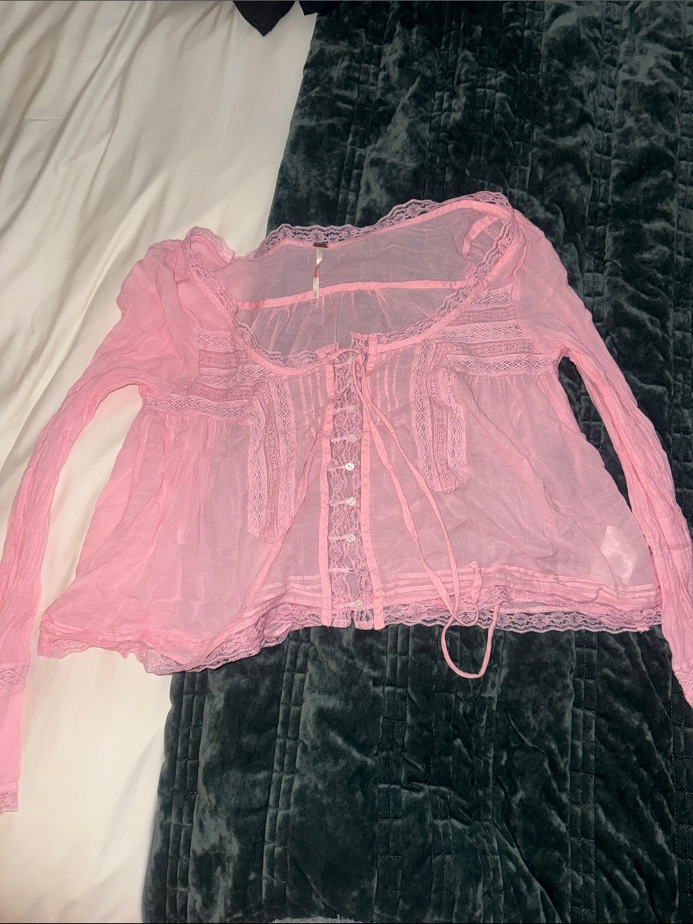 Free People Pink Sheer Lace-Trim Blouse